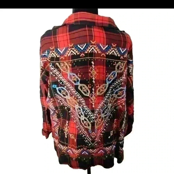 Zara Womens Red And Black Plaid Embroidered And Embellished Long Sleeve Top L - Picture 4 of 14
